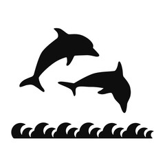 Silhouettes of dolphins jumping out of the water on a white background, logo. 