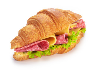 croissant sandwich with salami and cheese isolated on white