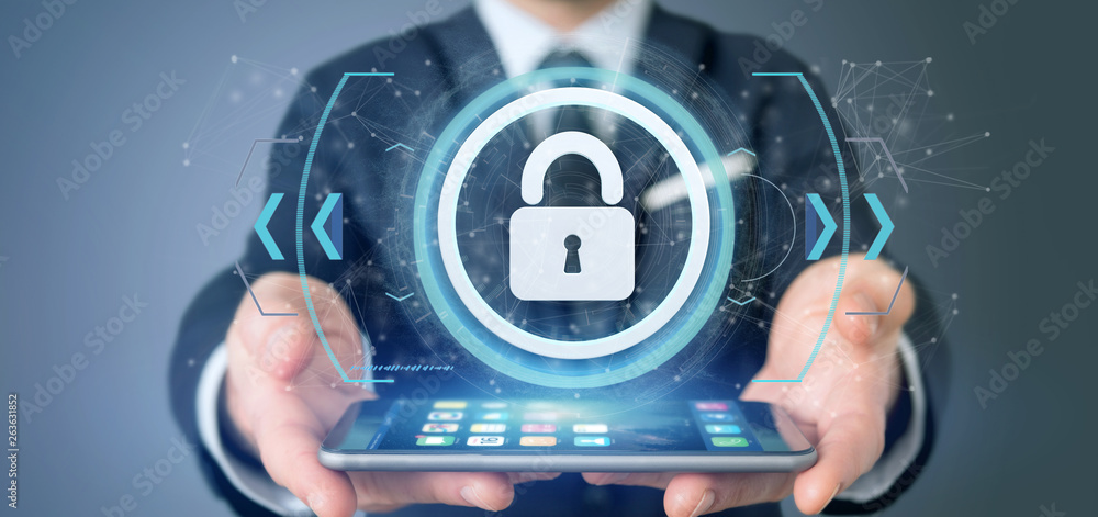 Poster man holding a padlock web security concept 3d rendering