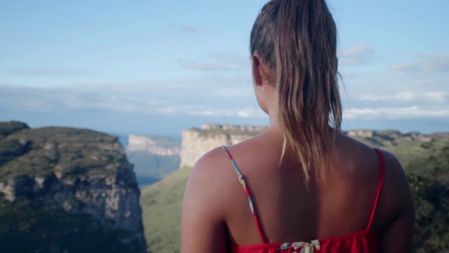 Slow Motion: Woman Looking Out Over Valley And Mountains in Chapada, Brazil