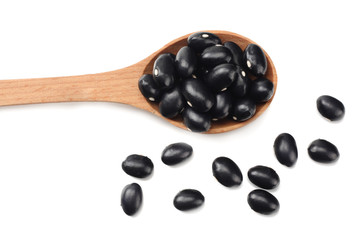 black kidney beans in wooden spoon isolated on white background. top view