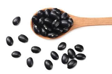 black kidney beans in wooden spoon isolated on white background. top view