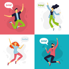 Fototapeta na wymiar Set of funny abstracts jumping people. Flat design. Different women and men in cartoon style. Vector illustration. Can be used for banner, postcard, websites or ads.