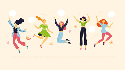 Abstract team members jumping. Flat design. Cute women in cartoon style. Concepts of partnership, teamwork, celebration or enjoying life.