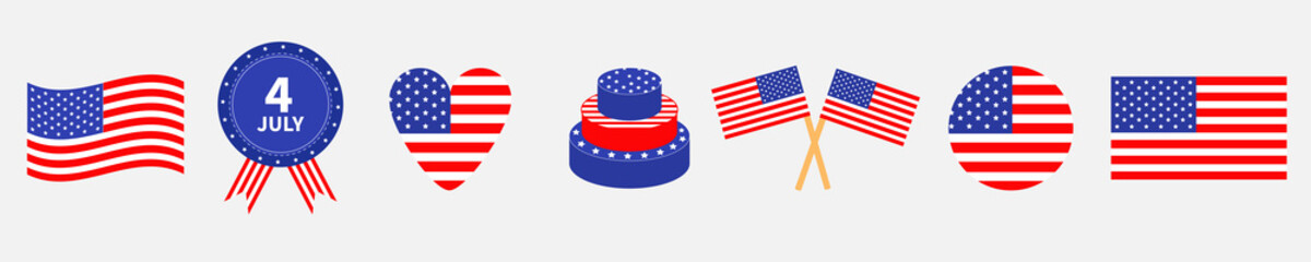 Happy independence day icon set line. United states of America. 4th of July. Waving, crossed american flag, heart, round shape, cake badge with ribbons. White background. Flat design.