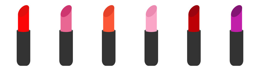 Lipstick icon set line. Red, pink nude color. Flat design. White background. Isolated.