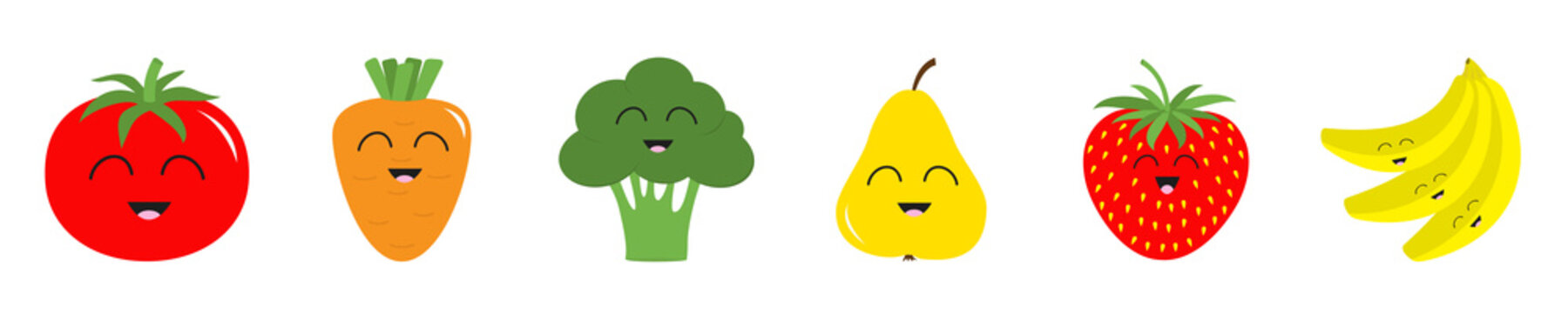 Fruit berry vegetable smiling face icon set line. Pear strawberry banana,Tomato, carrot broccoli. Cute cartoon kawaii character. Flat design. White background.