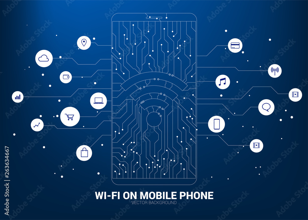Poster wi-fi icon on mobile phone with circuit line graphic, concept of Cloud computing network technology