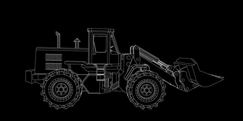 Bulldozer. Vector outline illustration. Isolated on black.