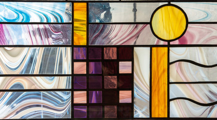 Glass stained glass with colorful graphic pattern, abstract trend stained glass background