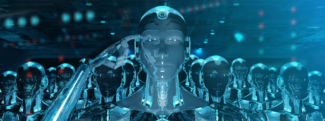 Group of male robots following leader cyborg army 3d rendering