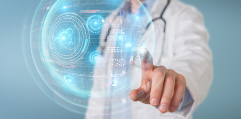 Scientist using digital technological interface with datas 3D rendering