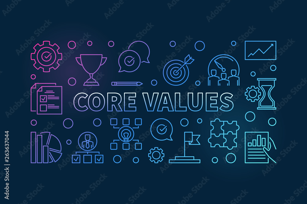 Poster vector core values horizontal concept colorful outline illustration on dark background