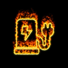 The symbol charging station burns in red fire