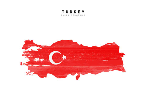 Turkey detailed map with flag of country. Painted in watercolor paint colors in the national flag