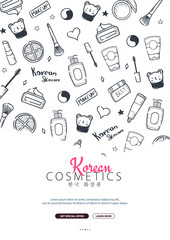 Korean cosmetics. K-Beauty banner with hand draw doodle background. Skincare and Makeup. Vector Illustration.