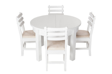 Elegant white table and chairs with clipping path. White table and chairs isolated on a white background. A set of furniture for lunch in the kitchen.