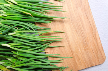 Fresh cut spring onion on the wooden cutting board, empty space for your text