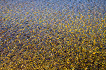 Transparent water surface with ripples through which the sandy bottom with pebbles is visible