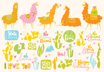 Set of lama, cactuses and funny design elements. 