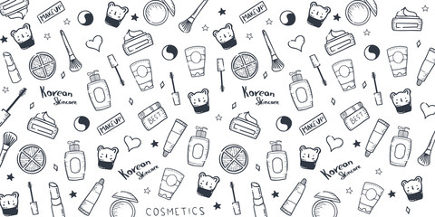 Korean cosmetics. K-Beauty banner with hand draw doodle background. Skincare and Makeup. Vector Illustration.