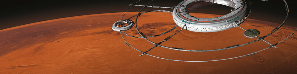 space station with spaceship in orbit of planet Mars (3d science fiction background illustration, elements of this image are furnished by NASA) © dottedyeti