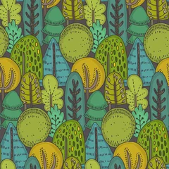 Wallpaper murals Forest Vector seamless pattern with hand drawn forest trees, plants, flowers