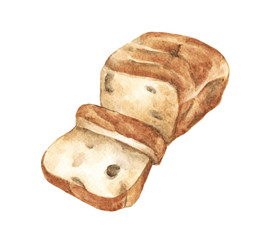 Grilled bread isolated on white background. Sliced bread. Watercolor hand drawn illustration.