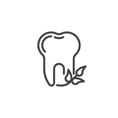 Tooth and mint leaves line icon. linear style sign for mobile concept and web design. Healthy tooth with herbal leaves outline vector icon. Dentistry, stomatology dental care symbol, logo illustration