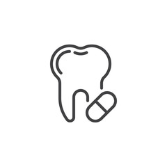 Toothache painkiller tablet line icon. Tooth and pill linear style sign for mobile concept and web design. Tooth care medicine outline vector icon. Symbol, logo illustration. Pixel perfect vector 
