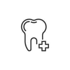 Dental tooth with medical cross line icon. linear style sign for mobile concept and web design. Add tooth plus outline vector icon. Dentistry, stomatology and dental care symbol, logo illustration. 