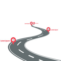 Curved road infographic with red pins checkpoint