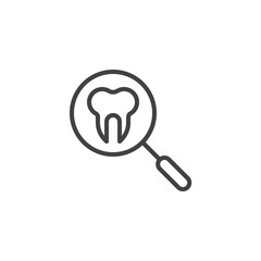 Magnifier and tooth line icon. Dental diagnosis linear style sign for mobile concept and web design. Tooth with magnifying glass outline vector icon. Symbol, logo illustration. Pixel perfect vector