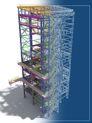 Building Information Model of metal structure. Design technologies of the future. 3D BIM parametric building.Engineering Graphics. 3D rendering.