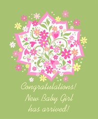 Cute baby girl arrival pastel card with greeting bouquet with pink and yellow daisy