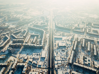 Aerial view of a freeway intersection Snow-covered in winter.