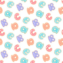 Seamless pattern with colorful donuts, stylized as letters, on a white background. Excellent print for packaging, wrapping paper, children's clothes, bed linens, etc.