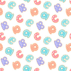 Seamless pattern with colorful donuts, stylized as letters, on a white background. Excellent print for packaging, wrapping paper, children's clothes, bed linens, etc.