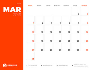 Calendar planner for March 2019. Week starts on Sunday. Printable vector stationery design template
