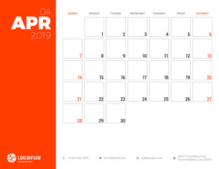 Calendar planner for April 2019. Week starts on Sunday. Printable vector stationery design template
