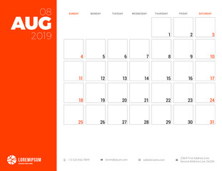 Calendar planner for August 2019. Week starts on Sunday. Printable vector stationery design template