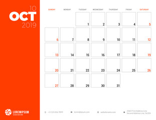 Calendar planner for October 2019. Week starts on Sunday. Printable vector stationery design template