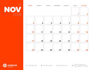 Calendar planner for November 2019. Week starts on Sunday. Printable vector stationery design template