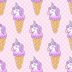 Seamless pattern with unicorn ice cream, on pink polka dot background. Excellent design for packaging, wrapping paper, textile, clothes etc.