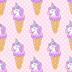 Wall murals Unicorn Seamless pattern with unicorn ice cream, on pink polka dot background. Excellent design for packaging, wrapping paper, textile, clothes etc.