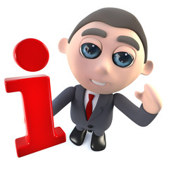 3d cartoon businessman character holding an information symbol