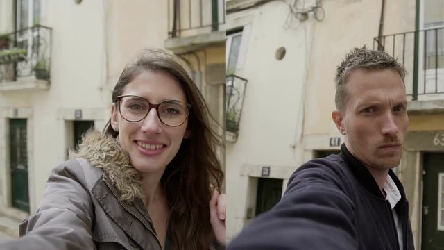 Collage of attractive young woman in glasses and good looking Caucasian man having video chat with each other, smiling, posing, showing victory sign. Communication, lifestyle concept
