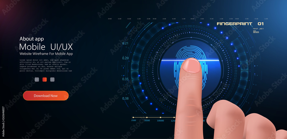 Aufkleber Biometric and security  technology concept vector design. Tech science background. Fingerprint icon, symbol, sign, web. Abstract digital illustration. Blue abstract background. Realistic hand