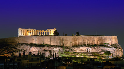 Night view of the Parthenon Temple on   Acropolis Hill of Athens, Greece