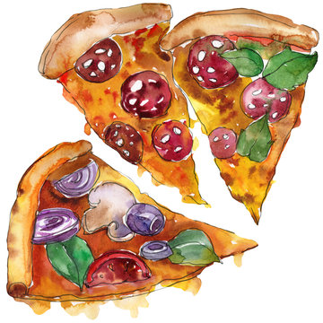 Fast food itallian pizza in a watercolor style isolated. Aquarelle food illustration for background.